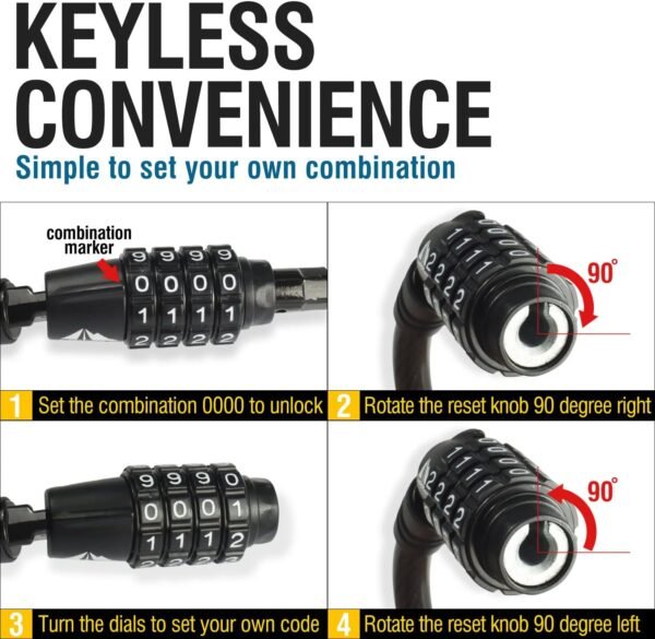 MARQUE Combination Bike Lock Cable- 3/8 inch (5FT, 10FT, 15FT, 25FT) Resettable Combination Lock, Anti-Theft Coiled Secutiry Cable for Bicycles, Kayaks, Paddle Boards, Gates and Outdoor Gear (5 FT) 4 71dsZEI7r0L. AC SL1500