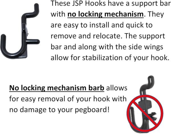 JSP Manufacturing Peg Board Non-Locking Plastic J Hook Style Hooks | Garage Tool Storage Craft Hooks Pegboard Asscessories (100, Black) 7 71nhesv +YL. AC SL1500
