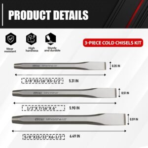 C&T 3-Piece Heavy Duty All Purpose Cold Chisels Kit, 3/8, 1/2, 5/8 in, for Carpentry, Metalwork, Woodwork & Masonry work 13 C&T 3-Piece Heavy Duty All Purpose Cold Chisels Kit, 3/8, 1/2, 5/8 in, for Carpentry, Metalwork, Woodwork & Masonry work - Image 5