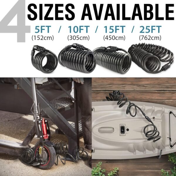 MARQUE Combination Bike Lock Cable- 3/8 inch (5FT, 10FT, 15FT, 25FT) Resettable Combination Lock, Anti-Theft Coiled Secutiry Cable for Bicycles, Kayaks, Paddle Boards, Gates and Outdoor Gear (5 FT) 7 81MToz38juL. AC SL1500