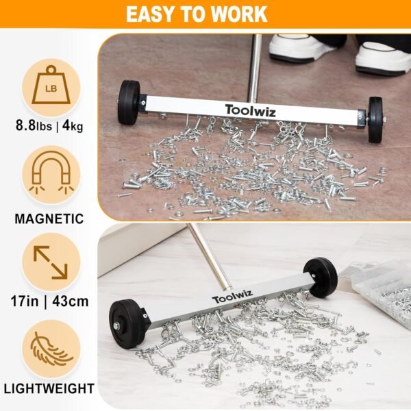 Toolwiz Magnetic Pick Up Sweeper 17-inch Heavy Duty Magnet Pickup Lawn Sweeper Roofing Tools, 8.8 Lbs Yard Magnet with Telescoping Holder and Wheels to Pick Up Nails Magnetic Sweeper for Construction 8 81Vr3SoiEbL. AC SL1500