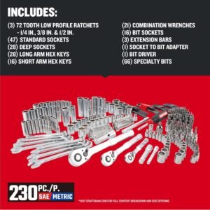 CRAFTSMAN Socket Set with Case VERSASTACK 230 Pcs Mechanics Tool Set, 1/4 in, 3/8 in, and 1/2 Drive, Standard and Deep Socket Set, Short and Long Arm Hex Keys (CMMT45306) - Image 5