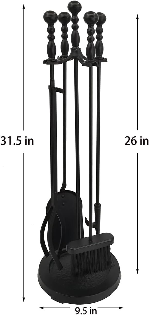 Lizh Metalwork 5 Pieces Black Wrought Iron Fireplace Companion Set,Modern Indoor Outdoor Fireplace Accessories Set,Include Tongs, Shovel, Poker,Brush and Cast Iron Base 6