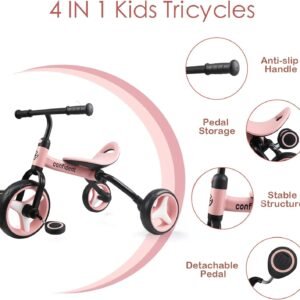 YGJT 4 in 1 Tricycle for Toddlers Age 2-5, Folding Kids Trike Tricycles Toddler Bike with Adjustable Seat and Removable Pedal, Baby Balance Bike Ride-on Toys Gift for Baby Boys Girls Birthday - Image 7