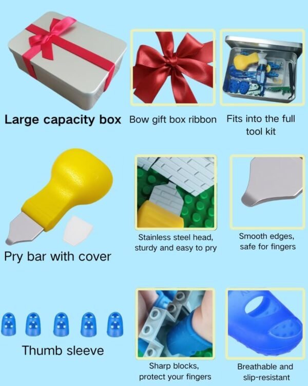 15PCS Remover Building Blocks Tool Kit - 3 PCS Brick Separator, Blocks Tool Suit, Multi-Functional Hammer, Red Gift Ribbon, Pliers, Tweezers, Finger Protectors with Iron-Box (Blue) 5 61GToyPBJaL. AC SL1000