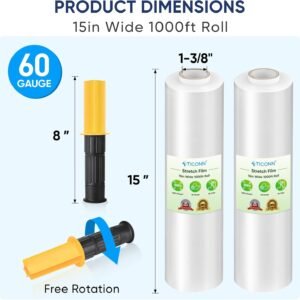 TICONN Stretch Wrap Stretch Film Roll, 1000ft Industrial Strength 15 inch Wide Clear Plastic Wrap with Handles for Pallet Wrapping Shipping Moving - Image 3