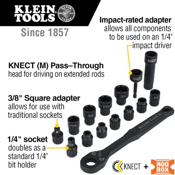 Klein Tools 65400 KNECT 15-Piece Pass Through Socket Set, SAE Impact Socket Set with MODbox Case, Sockets, Bits, Accessories and 3/8-Inch Drive Adapter 3 61PNTu6kKyL. AC SL1000