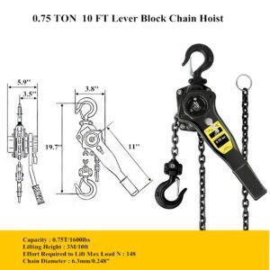 Manual Lever Hoist Come Along 3/4 TON 1650 LBS Capacity 10FT Lift 2 Heavy Duty Hooks Commercial Grade Steel for Lifting Pulling Construction Building Garages Warehouse Automotive Machinery - Image 4