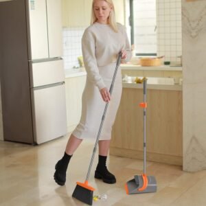 Broom and Dustpan Set for Home, Broom and Dustpan Combo for Office, Long Handle Broom with Upright Standing Dust pan,Indoor&Outdoor Sweeping (Gray&Orange) - Image 7