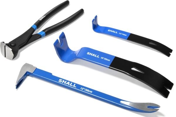 SHALL 4-Piece Pry Bar Set, 12-Inch Cats Paw Nail Puller, 10-Inch & 7.5-Inch Flat Claw Pry Bars, 8-Inch End Cutting Pliers, Utility Wonder Crowbar, Nail Remover Tool for Baseboard, Floor, Nails Removal 2 61kDFRn9zFL. AC SL1500