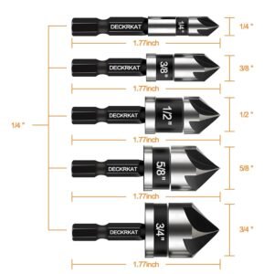 5 Pcs Countersink Drill Bit Set, 82 Degree, 5Flute with 1/4” Quick Change Hex Shank, Sizes 1/4” to 3/4” for Metal, Wood & Plastic, Ideal for Carpentry, Metalwork, Plastic Fabrication 10 5 Pcs Countersink Drill Bit Set, 82 Degree, 5Flute with 1/4” Quick Change Hex Shank, Sizes 1/4” to 3/4” for Metal, Wood & Plastic, Ideal for Carpentry, Metalwork, Plastic Fabrication - Image 3
