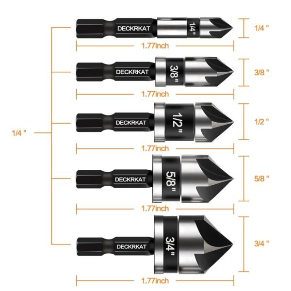 5 Pcs Countersink Drill Bit Set, 82 Degree, 5Flute with 1/4” Quick Change Hex Shank, Sizes 1/4” to 3/4” for Metal, Wood & Plastic, Ideal for Carpentry, Metalwork, Plastic Fabrication 3 61ypiAFiVzL. SL1500