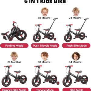 JMMD Toddler Bike with Push Handle for Kids 18-60 Months, 6 in 1 Foldable Push Bike with Training Wheels, Pedals, Brakes, Kickstand, Kid Balance Bike Gift & Toys for Boy & Girl - Image 3
