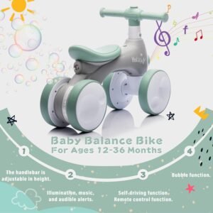 Baby Toddler Balance Bike with Bubble Machine for 1 Year Old Children,4 Wheels Kids Balance Bike w/Bubble Maker,Kids Ride on Toys w/Music,Headlight for Ages 12-36 Months Boys Girls (Light Green) 10 Baby Toddler Balance Bike with Bubble Machine for 1 Year Old Children,4 Wheels Kids Balance Bike w/Bubble Maker,Kids Ride on Toys w/Music,Headlight for Ages 12-36 Months Boys Girls (Light Green) - Image 3