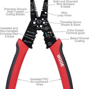 WGGE WG-015 Professional 8-inch Wire Stripper/Crimping Tool, Cable Cutter/Crimper, Wiring and Multi-Function Hand Tool, Red With Black - Image 5