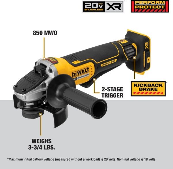 DEWALT 20V MAX* Angle Grinder Tool Cordless Brushless, 4 1/2 Inch, with Paddle Switch and Kickback Brake, Tool Only (DCG413B) 4 710D3tsTNvL. AC SL1500