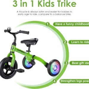 YGJT 3 in 1 Lighting Tricycle for Toddlers Age 2-5 Years Old, Folding Kids Balance Bike with Adjustable Seat and Removable Pedal, Toddler Bike Ride-on Toys for Infant, Gift for Baby Boys Girls(Green) 13 YGJT 3 in 1 Lighting Tricycle for Toddlers Age 2-5 Years Old, Folding Kids Balance Bike with Adjustable Seat and Removable Pedal, Toddler Bike Ride-on Toys for Infant, Gift for Baby Boys Girls(Green) - Image 5