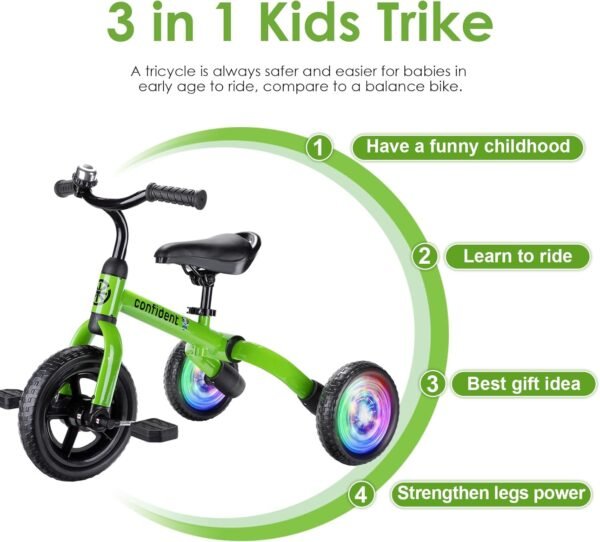 YGJT 3 in 1 Lighting Tricycle for Toddlers Age 2-5 Years Old, Folding Kids Balance Bike with Adjustable Seat and Removable Pedal, Toddler Bike Ride-on Toys for Infant, Gift for Baby Boys Girls(Green) 5 712 ctN13CL. AC SL1500