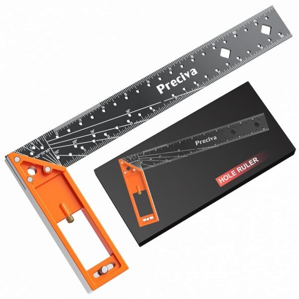 12” Woodworking Square Ruler - Preciva Right Angle Ruler Carpenter Square Layout Tool, Features Stainless Steel Blade, Retractable Ledge, 1/16” and 1/32” Notch Spacing and Multi-Angle Scribe Mark 2 713I iP65HL. SL1500