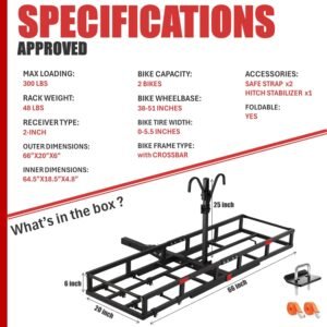 Hitch-Mount Bike Rack for Ebike Heavy-Duty - Comes with Cargo Carrier Fits 2 Electric Fat-Tire Mountain Bicycles Fits 2" Receiver for Car Trailer SUV Truck RV Minivan - Image 9