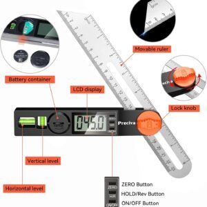 Preciva T-Bevel Gauge & Protractor with Horizontal and Vertical Bubble,0-338° Digital Angle Finder Protractor 230mm/8inch Display for Carpentry Woodworking, Metalworking, Construction - Image 6