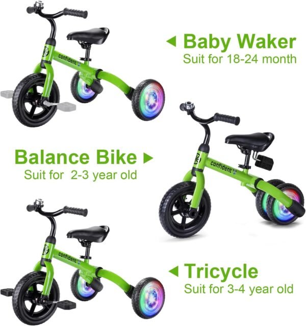 YGJT 3 in 1 Lighting Tricycle for Toddlers Age 2-5 Years Old, Folding Kids Balance Bike with Adjustable Seat and Removable Pedal, Toddler Bike Ride-on Toys for Infant, Gift for Baby Boys Girls(Green) 7 715Ie05LL6L. AC SL1500