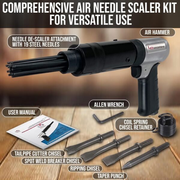 LE LEMATEC Air Needle Scaler with Air Chisel Kit, 4800 BPM Pneumatic Air Hammer Needle Gun for Metalworks, Rust, Weld & Paint Remover, Pistol Grip Metal Scraper Air Compressor Accessories (LE-AN324K) 4 715mSNn aaL. AC SL1500