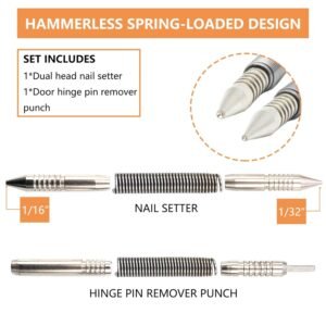 2-Piece Dual Head Nail Setter and Hinge Pin Punch Set, Hammerless 1/32″& 1/16″Spring Nail Set, 5000 PSI Striking Force Door Pin Removal Tool - Image 3