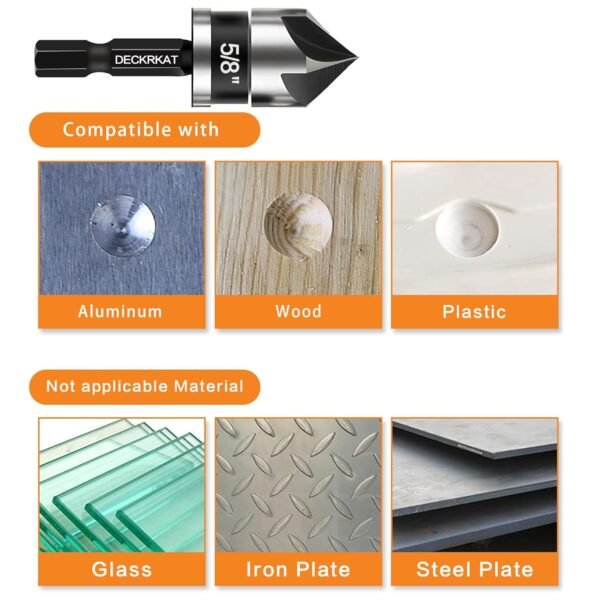 5 Pcs Countersink Drill Bit Set, 82 Degree, 5Flute with 1/4” Quick Change Hex Shank, Sizes 1/4” to 3/4” for Metal, Wood & Plastic, Ideal for Carpentry, Metalwork, Plastic Fabrication 4 7191kxEE4BL. SL1500