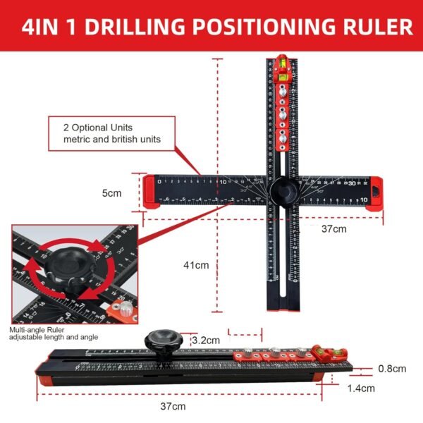 4-in-1 Drilling Ruler, Adjustable 14 inches/35 cm Multi-Function T-Square, Woodworking Marking Tool, Cabinet Hole Drilling Template for Precise Drilling Angle Measurement and Marking 4 71BLdISQnyL. SL1500