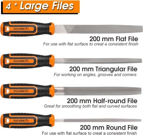 REXBETI 25Pcs Metal File Set, Premium Grade T12 Drop Forged Alloy Steel, Flat/Triangle/Half-round/Round Large File and 12pcs Needle Files with Carry Case, 6pcs Sandpaper, Brush, A Pair Working Gloves 4 71CoZ38XSLL. AC SL1100