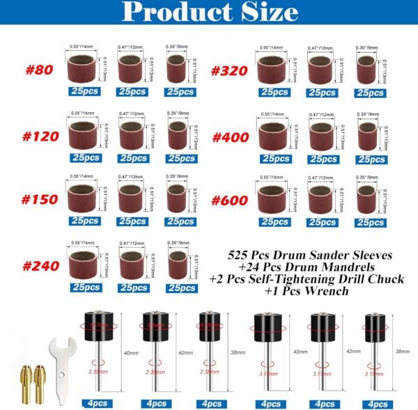 Tnisesm 552Pcs Aluminum Oxide Sanding Drum Set,Including 525 Pieces 80 120 150 240 320 400 600 Grit Drum Sander Sanding Sleeves and 24 Pieces Drum Mandrels for Dremel Rotary Tool,Sanding Drums 3 71DrB5O8cXL. AC SL1500