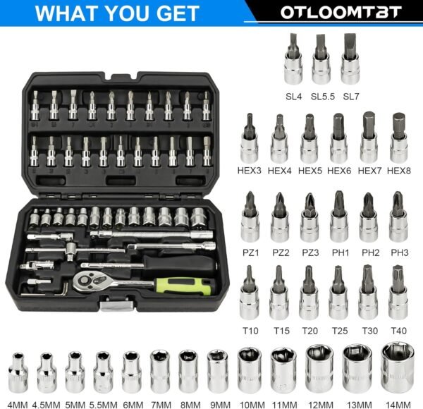 46 Pieces 1/4 Inch Drive Industrial Grade Socket Ratchet Wrench Set, with Bit Socket Set Metric and Extension Bar for Auto Repairing and Household, With Thickened Storage Case 5 71H3UpChCQL. AC SL1500