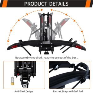 Foldable Electric Bike Rack Hitch Mount with Ramp for 2" Receiver, 2 Bike Rack for Car, Up to 4’’ Fat Tire, 136 lbs Capacity, with Locks, Tiltable, Wheels for Easy Transport - Image 6