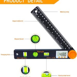 Rainyb Digital Angle Finder Tool 7inch 0-360 degree LED Digital Protractor with Horizontal Vertical Bubble Levels and Ruler Meter Accurate Tools for Carpenters,Woodworkers,Fabricators - Image 3