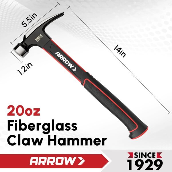 ARROW 20oz Straight Claw Hammer with Magnetic Nail Holder, Smooth Face and Forged Steel Head, Shock-Absorbing Fiberglass Handle, for Carpentry and General Purpose 4 71KOfLLEkQL. AC SL1500