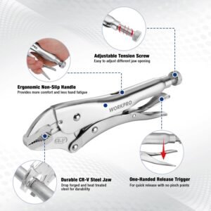 WORKPRO 5-Piece Locking Pliers Set, Pliers Tool Set, Vice Grips with Chrome-vanadium Steel, 5/7/10 inch Curved Jaw Pliers, 6.5/9 inch Long Nose Pliers - Image 4