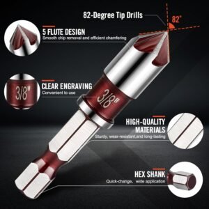 5Pcs Countersink Drill Bit Set, Premium Drill Bit with 82-Degree, 5 Flutes, Quick-Change Hex Shank, 1/4 Inch to 3/4 Inch Size, Counter Sink Bits for Wood, Metal, Plastic 10 5Pcs Countersink Drill Bit Set, Premium Drill Bit with 82-Degree, 5 Flutes, Quick-Change Hex Shank, 1/4 Inch to 3/4 Inch Size, Counter Sink Bits for Wood, Metal, Plastic - Image 3