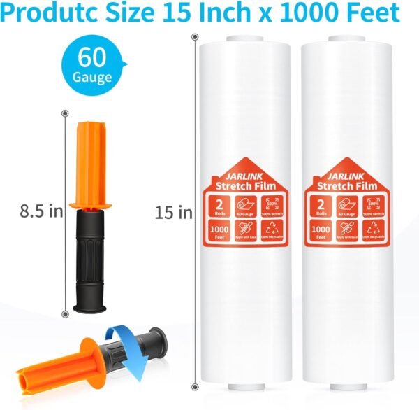 JARLINK Stretch Film, 15 Inch x 1000 Feet Shrink Wrap for Pallet Wrap, Industrial Strength Stretch Wrap with Handles, Moving Wrapping Plastic Roll, 60 Gauge, 2 Pack, Clear 3 71N1UblZl+L. AC SL1500