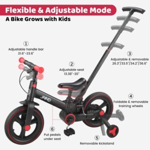 JMMD Toddler Bike with Push Handle for Kids 18-60 Months, 6 in 1 Foldable Push Bike with Training Wheels, Pedals, Brakes, Kickstand, Kid Balance Bike Gift & Toys for Boy & Girl - Image 5