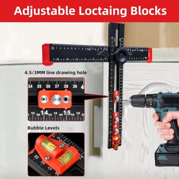 4-in-1 Drilling Ruler, Adjustable 14 inches/35 cm Multi-Function T-Square, Woodworking Marking Tool, Cabinet Hole Drilling Template for Precise Drilling Angle Measurement and Marking 5 71W0BOlLSlL. SL1500
