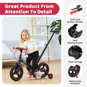 JMMD Toddler Bike with Push Handle for Kids 18-60 Months, 6 in 1 Foldable Push Bike with Training Wheels, Pedals, Brakes, Kickstand, Kid Balance Bike Gift & Toys for Boy & Girl - Image 6