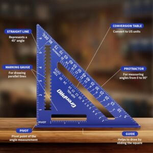 Square Combination Woodworking Tools, 7inch Carpenter Square Wood Working Tools and Accessories, 12inch Square Ruler, Includes 2-in-1 Carpentry Pencil, Protractor Angle Ruler Carpentry Tool - Image 3