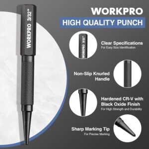 WORKPRO 4-Piece Nail Punch and Center Punch Set, Hardened Cr-V Steel with Knurled Grip,1/32", 1/16", 3/32" Nail Setter & 1/32" Center Punch Tool 12 WORKPRO 4-Piece Nail Punch and Center Punch Set, Hardened Cr-V Steel with Knurled Grip,1/32", 1/16", 3/32" Nail Setter & 1/32" Center Punch Tool - Image 3