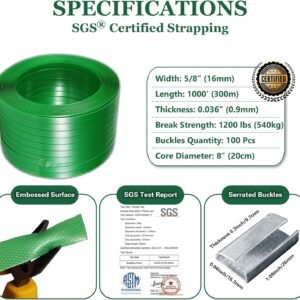 Banding Strapping Kit, Pallet Strapping Kit, Packaging Banding Tool with 5/8" Width, 1000' Length Polyester Strapping Coil Roll and Dispenser Box – Heavy Duty Certified 1200 lbs Break - Image 4
