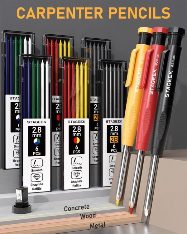 34 Pack Carpenter Pencil Set with Sharpener, Mechanical Carpenter Pencils with Deep Hole Long-Nib Marker Pens, Carbide Scribe Tool & Construction Pencils for Architect Woodworking with Case 4 71jW4A4epQL. AC SL1500
