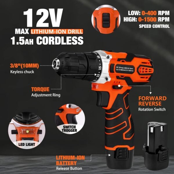 255-Piece Tool Set - Tool Kit with 12V Cordless Drill Driver, Toolbox Storage Case with Drawer, General Household Drill Set for DIY Projects, Home Repairs, Handyman 5 71knp3NyYiL. AC SL1500