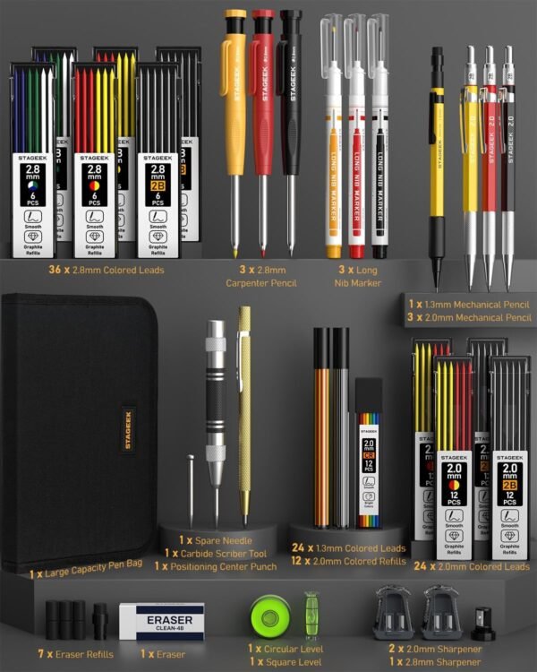 34 Pack Carpenter Pencil Set with Sharpener, Mechanical Carpenter Pencils with Deep Hole Long-Nib Marker Pens, Carbide Scribe Tool & Construction Pencils for Architect Woodworking with Case 9 71lFGNtrYAL. AC SL1500