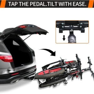 Foldable Electric Bike Rack Hitch Mount with Ramp for 2" Receiver, 2 Bike Rack for Car, Up to 4’’ Fat Tire, 136 lbs Capacity, with Locks, Tiltable, Wheels for Easy Transport - Image 3