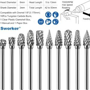 10 Pcs Carbide Burr Set 1/8" Shank Compatible with Dremel Bits Rotary Tools Attachment Kit Rasp Drill File Accessories Metal Wood Stone Steel Grinding Carving Cutting Polishing Engraving - Image 3